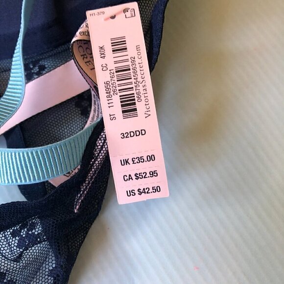 Victoria's Secret Push Up Bra Blue Lacy Lattice Criss Cross Back NWT 32DDD / 32F - Picture 4 of 4
